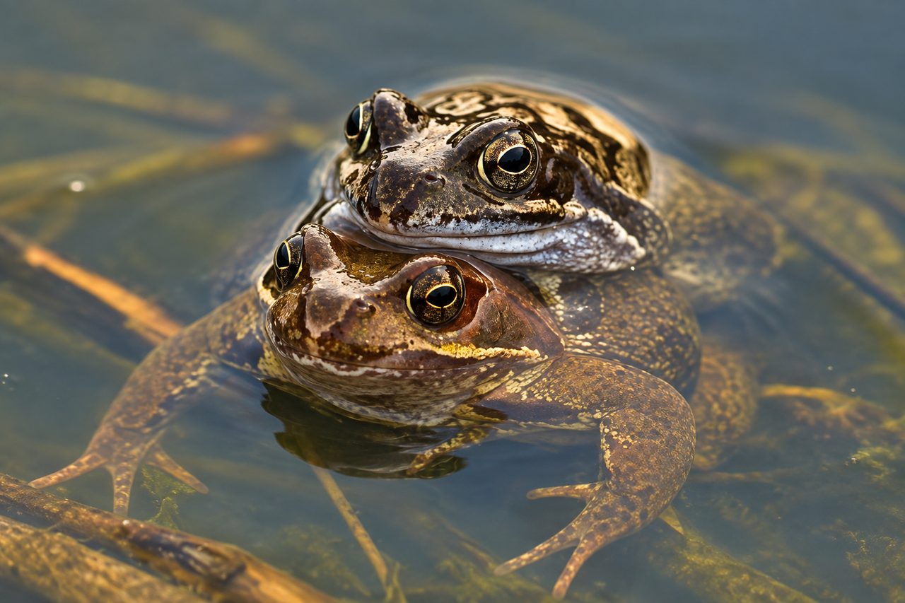 Two frogs in a pond at Weir Hill — local wildlife in the riverside environment