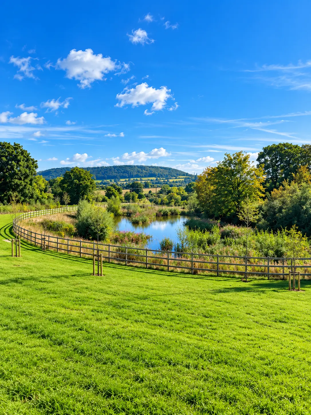 The pond, fenced meadow and tree-covered hill at Weir Hill on a bright day