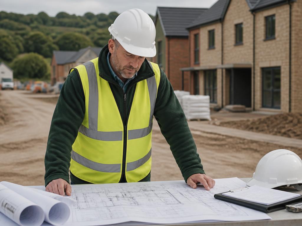 A building inspector reviewing architectural drawings at the Weir Hill development